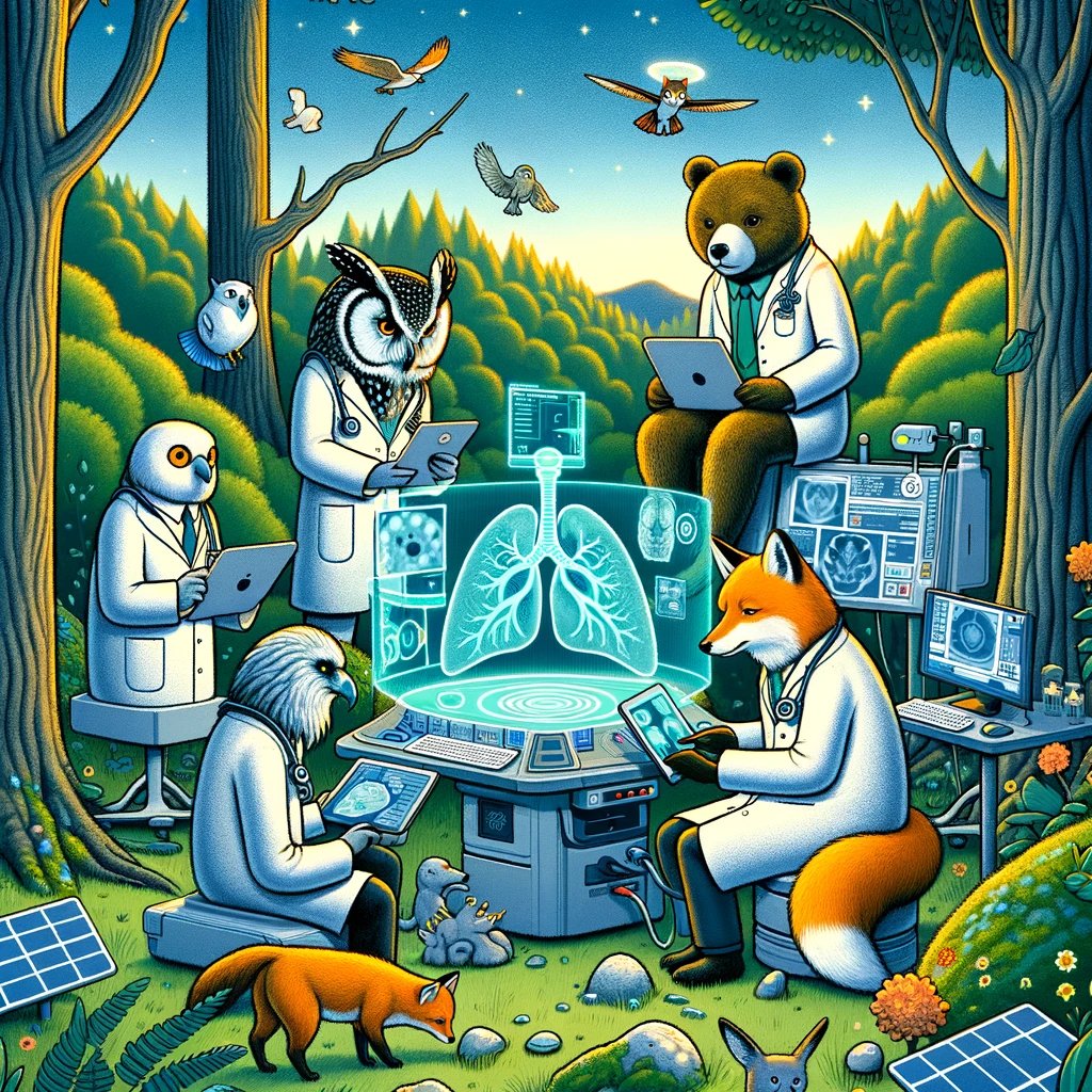 A group of animals dressed as radiologists, collaboratively analyzing medical images